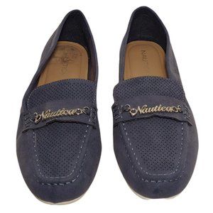 Ladies Nautica Blue Suede-like Loafer Shoes with Gold Nautica charm.